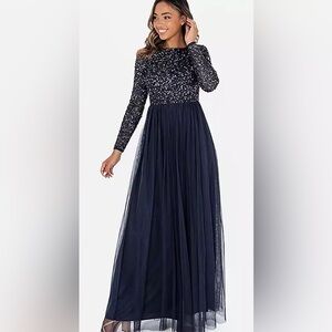 ASOS Maya Deluxe Navy Blue Sequin Tulle Evening Gown